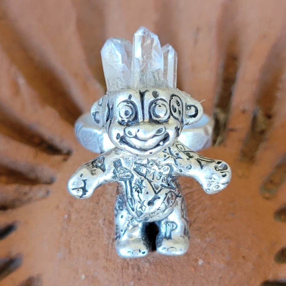 Sterling Silver Tattoo / Tattooed Troll Doll Ring Quarts Crystal Hair